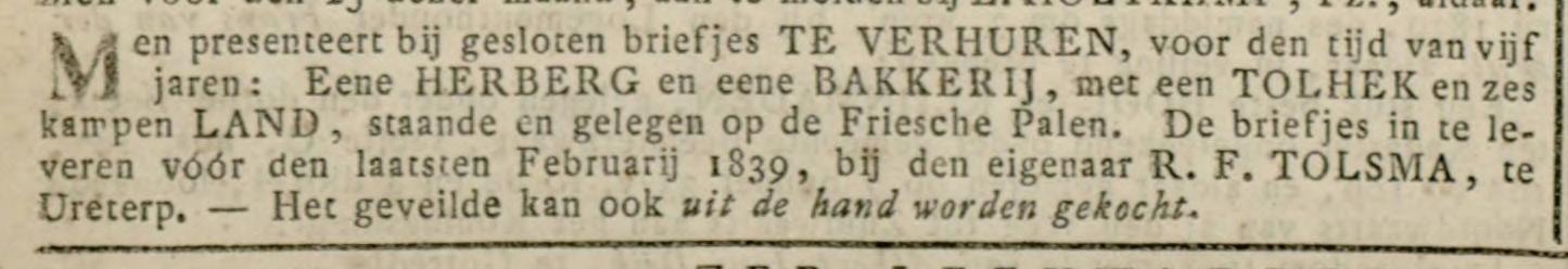 Leeuwarder Courant, 18 januari 1839. Aankondiging verhuur Herberg en Bakkerij.