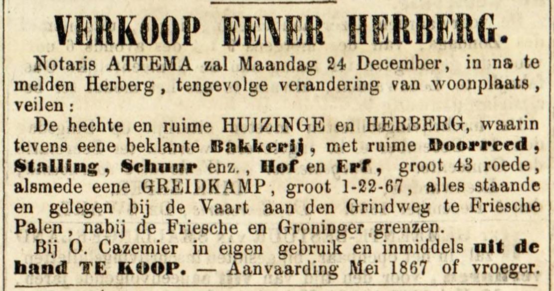 Leeuwarder Courant, 14 december 1866. Aankondiging verkoop Herberg en Bakkerij van Onne Onnes Cazemier.