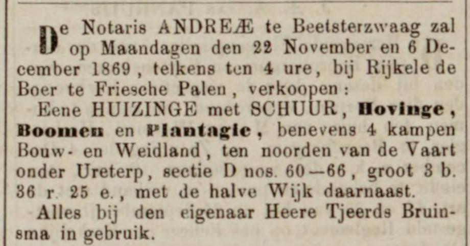 Leeuwarder Courant, 19 november 1869. Aankondiging verkoping bij Riekele de Boer.