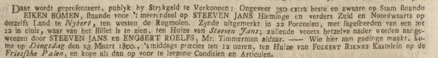 Ommelander Courant, 14 maart 1800. Aankondiging houtverkoop bij Folkert Rienks.