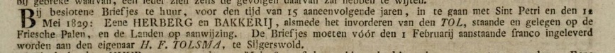 Leeuwarder Courant, 9 januari 1829. Aankondiging verhuur Herberg en Bakkerij.