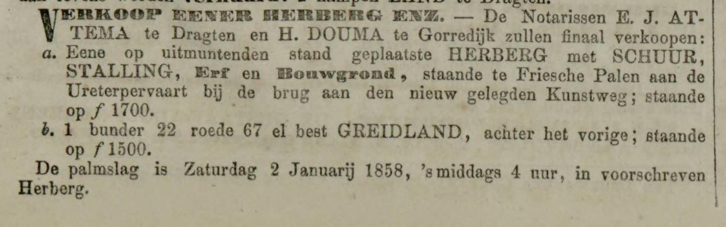 Leeuwarder Courant, 29 december 1857. Aankondiging finale verkoop Herberg van Tolsma in Friesche Palen.